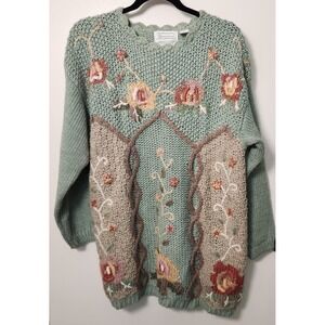 Vtg Shenanigans Hand Knit Green Floral Long Sleeve Sweater L Cottagecore‎ Chunky